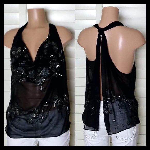 VICTORY’S SECRET Flowing Top Gorgeous Neckline Covered In sequins & Sexy Back - Picture 3 of 4